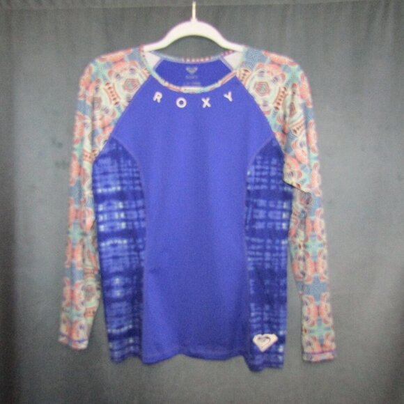Roxy Rash Guard Blue Long Sleeve Swim Top Womens Size L Tie Dye Surf Beach Heart - Picture 7 of 7